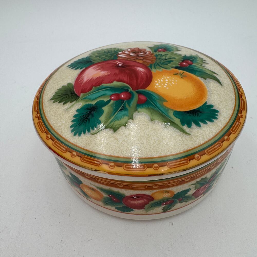 Vintage Holiday Fruit Covered Trinket Box by Mikasa NOS 4"